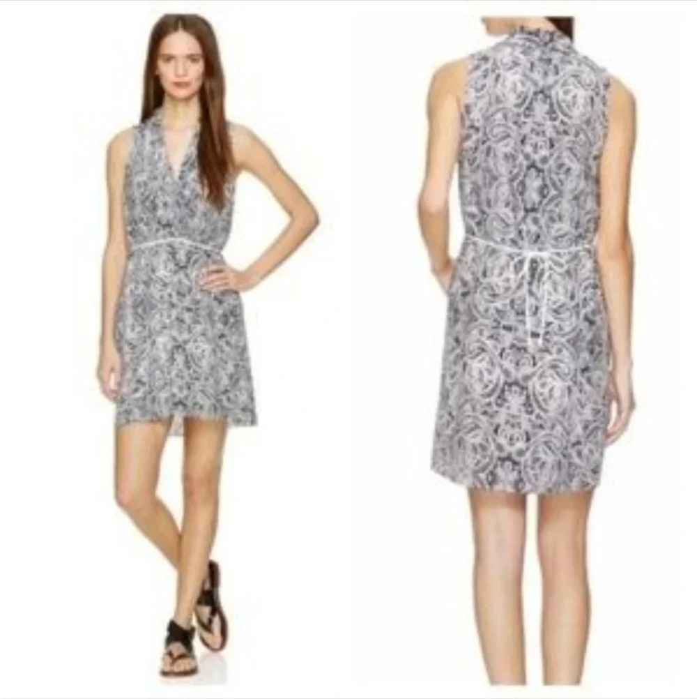 Aritzia Wilfred Sabine Paisley Print Silk Faux Wrap Mini Dress Black White Med